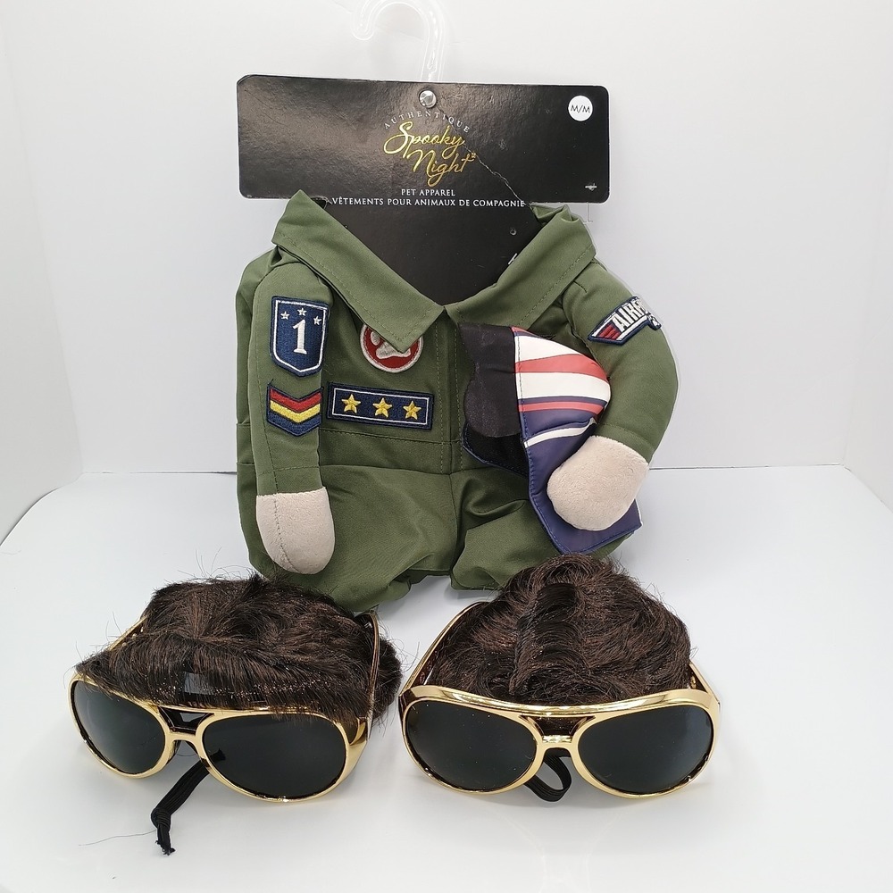 SPOOKY NIGHT Air force DOG COSTUME Size Medium plus Wig w/ Sunglasses x2 B2